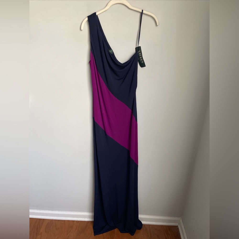 New Lauren Ralph Lauren Elegant Navy and Purple One-Shoulder Dress Size Medium